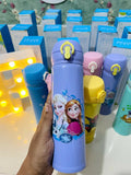 purple water bottle with cartoon characters