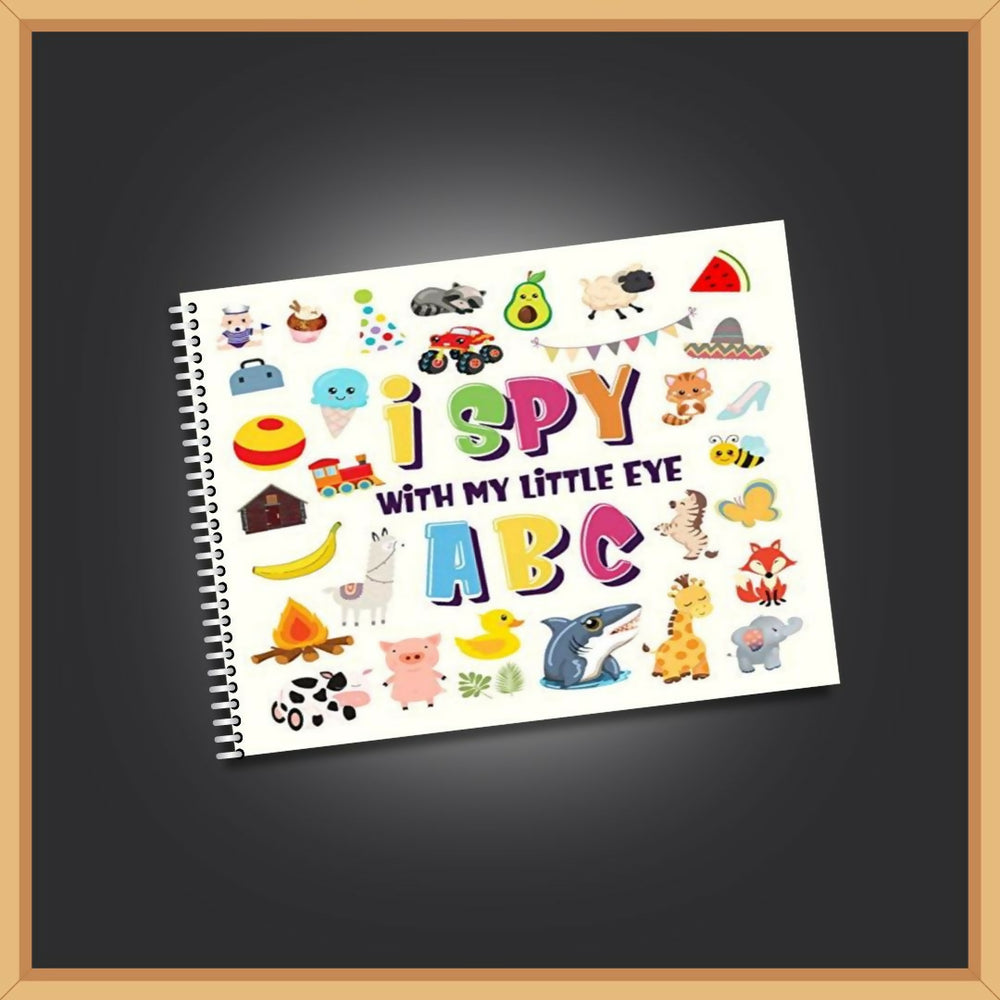 I SPY ABC children’s activity book featuring engaging alphabet-based search and find activities that encourage letter recognition, observation, visual learning and early vocabulary development through playful learning.