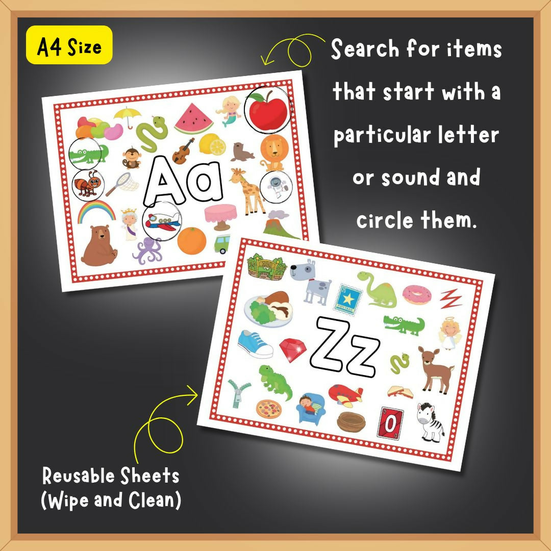 I SPY ABC children’s activity book featuring engaging alphabet-based search and find activities that encourage letter recognition, observation, visual learning and early vocabulary development through playful learning.