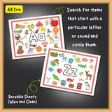 I SPY ABC children’s activity book featuring engaging alphabet-based search and find activities that encourage letter recognition, observation, visual learning and early vocabulary development through playful learning.