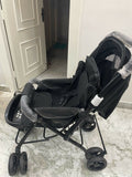 Evenflo travel system with baby stroller and infant car seat, featuring a foldable design, reclining seat, adjustable canopy, 5-point safety harness, and spacious storage basket for convenient travel.