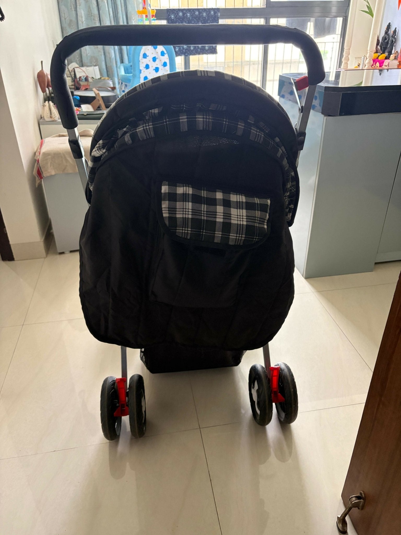 Baby Stroller with a lightweight foldable frame, reclining seat, adjustable canopy, 5-point safety harness, smooth wheels, and spacious storage basket for safe and comfortable everyday travel.