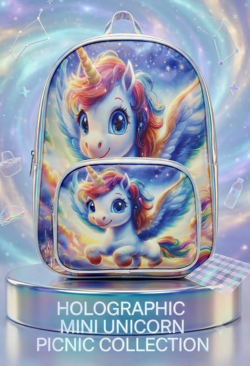 Holographic Backpack – 14 Inch featuring a shiny iridescent finish, spacious main compartment, adjustable shoulder straps, secure zip closure, and lightweight design for school, outings, travel, and everyday use.