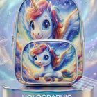 Holographic Backpack – 14 Inch featuring a shiny iridescent finish, spacious main compartment, adjustable shoulder straps, secure zip closure, and lightweight design for school, outings, travel, and everyday use.