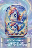 Holographic Backpack – 14 Inch featuring a shiny iridescent finish, spacious main compartment, adjustable shoulder straps, secure zip closure, and lightweight design for school, outings, travel, and everyday use.