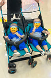 R for Rabbit Ginny & Johnny twin stroller with dual seating, safety harnesses, smooth wheels, adjustable canopies, and comfortable travel support for twins or siblings.