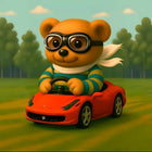 Cartoon bear driving a red car with a forest background