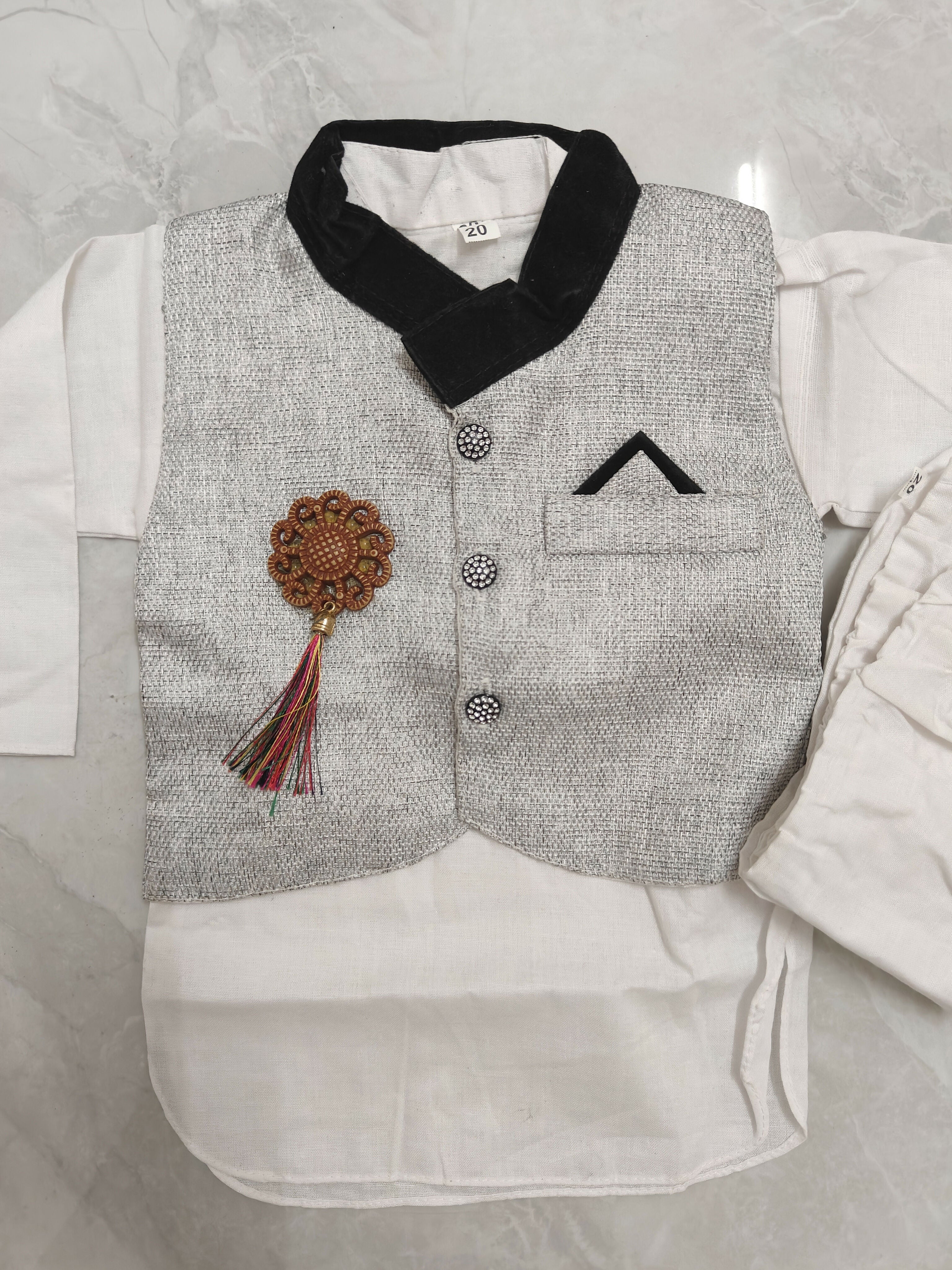 Cotton Black and White Indian Suit with Nehru Jacket