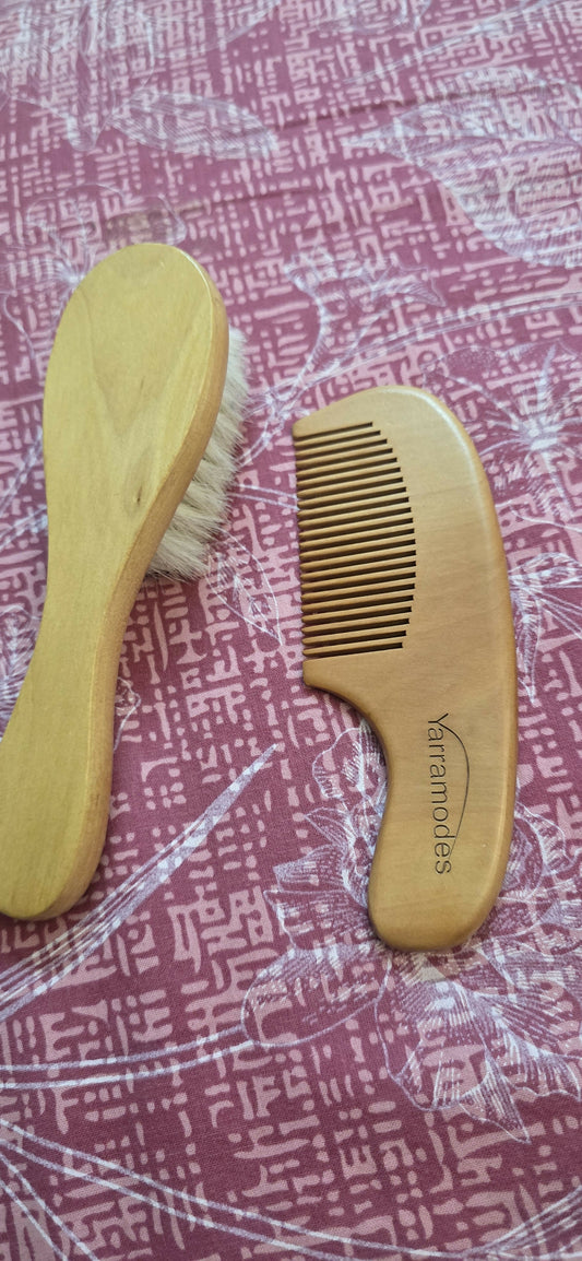 Imported wooden comb and brush set with rubber bands—gentle, eco-friendly, and perfect for baby hair care and styling.