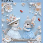 Decorative bedsheet set with cartoon bunnies and flowers, brand 'MOKSHAY' visible.
