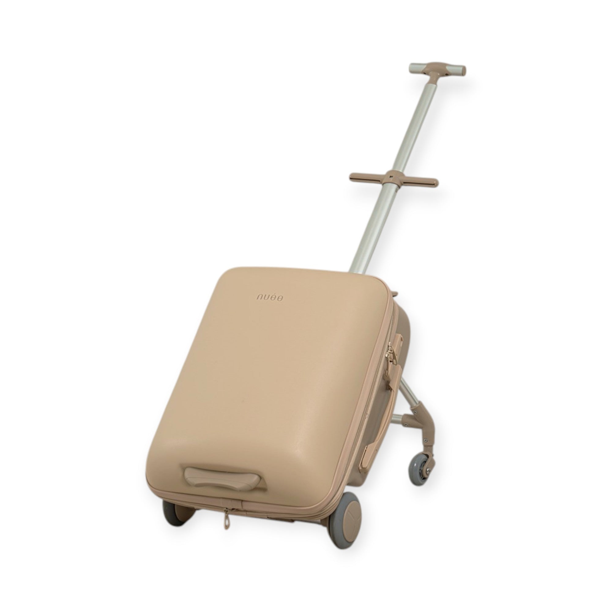 Beige suitcase with wheels and handle on a white background