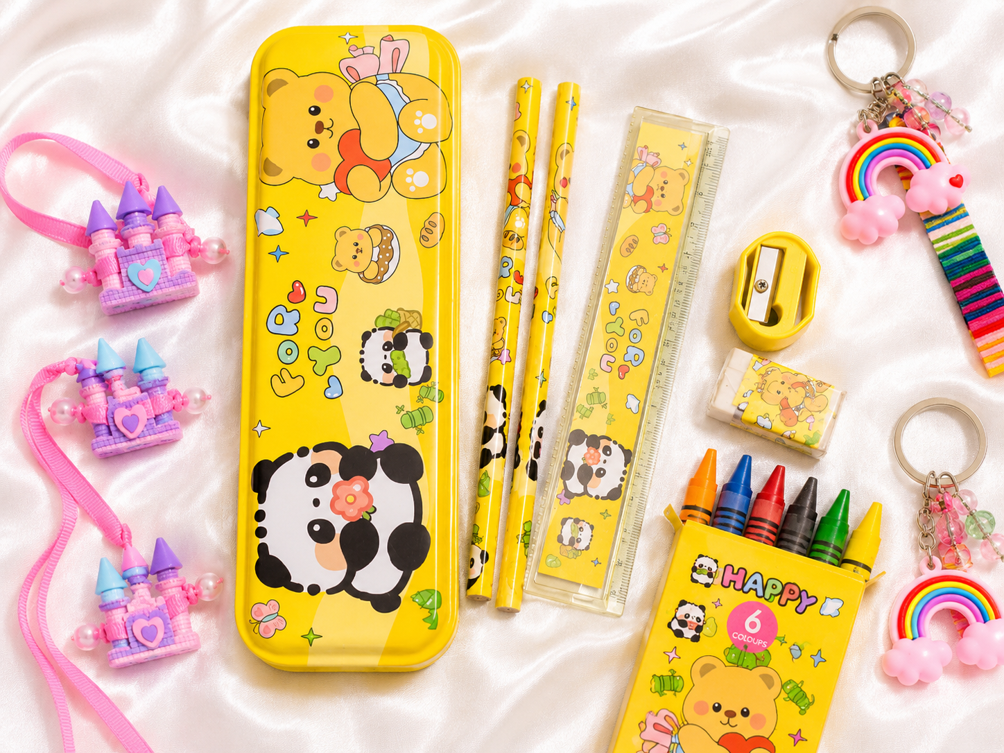 iLearnNGrow Panda Theme Stationery Rakhi Combo featuring a cute panda pencil box set with a festive Rakhi, combining useful school stationery with a fun Raksha Bandhan gift for kids.
