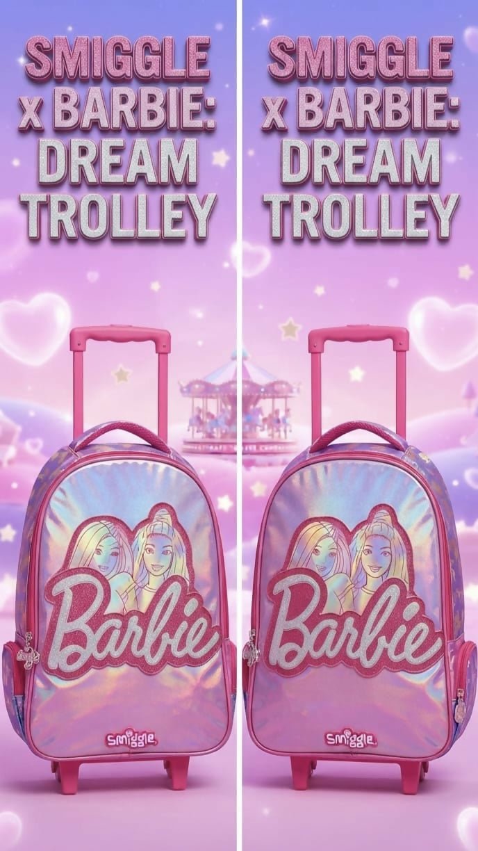 Original Smiggle 18-Inch Personalized Trolley Backpack with custom name personalization, spacious storage compartments, retractable trolley handle, smooth-rolling wheels, and adjustable shoulder straps for school and travel.