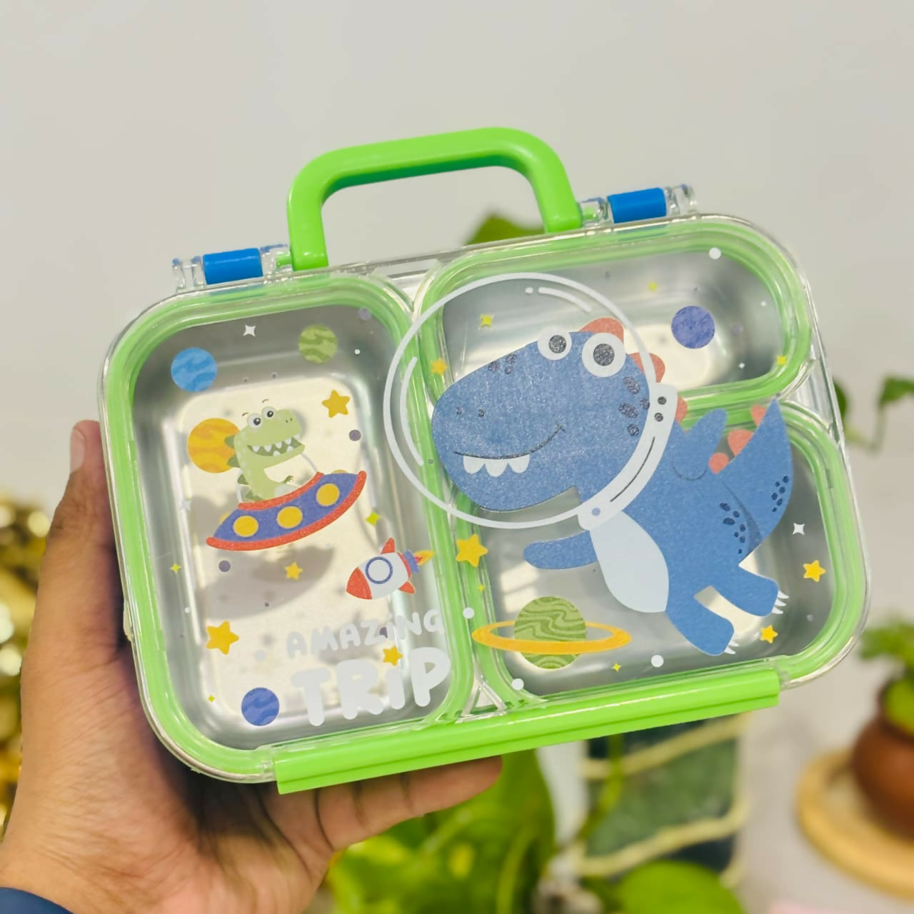 3-grid stainless steel lunch box with separate compartments, durable food-grade construction, secure lid, and a compact design to keep meals organized for school, work, and travel.