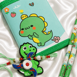 iLearnNGrow Luggage Packing Stationery Rakhi Combo in Green featuring school essentials, watch, wallet, stationery items, and a festive Rakhi, packed as a fun and practical Raksha Bandhan gift for kids.