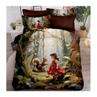 Bedsheet with a forest design featuring a girl and squirrel