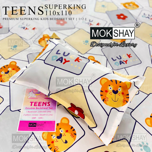 Mokshay Kids Bedsheet set with cartoon designs on a white background