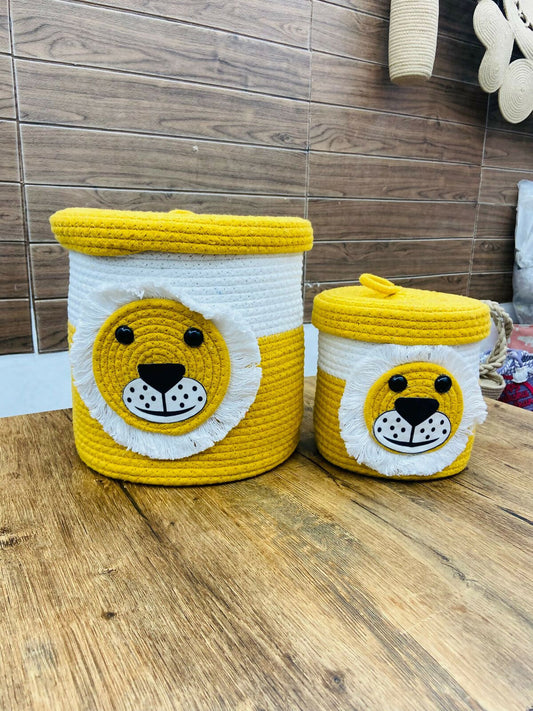Two lion-themed storage baskets