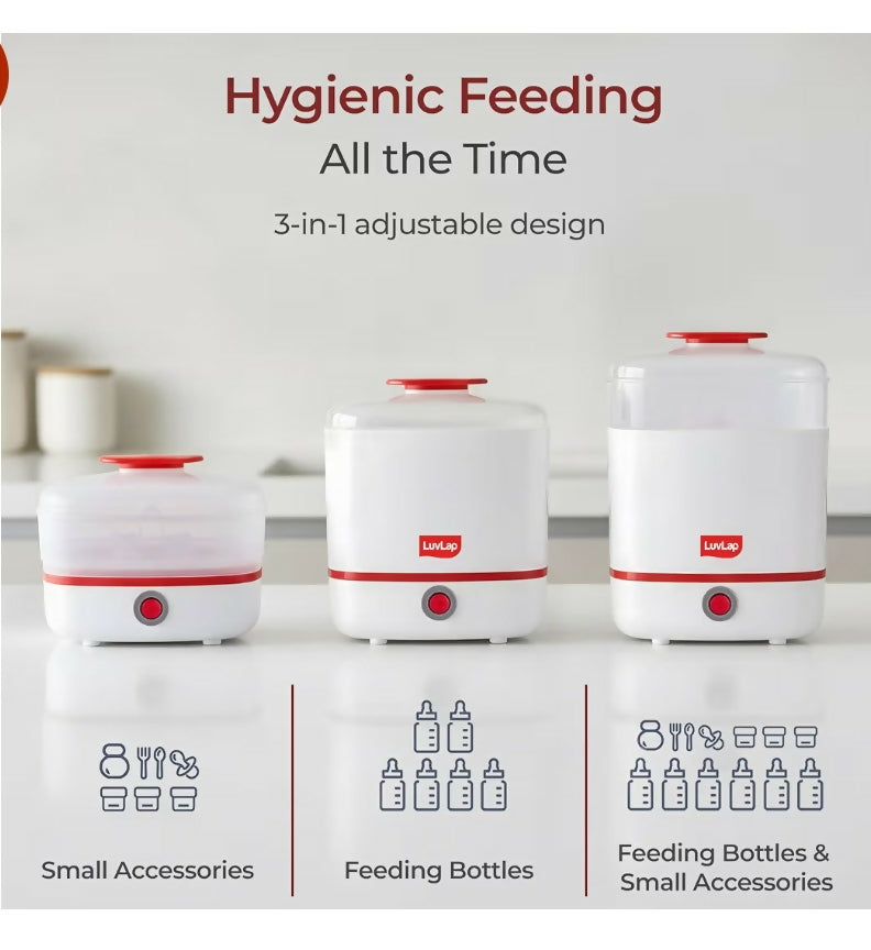 LUVLAP 3 in 1 steriliser sterilizer for baby bottles and accessories with efficient steam sterilization, multi-function design, and convenient cleaning support for feeding essentials.