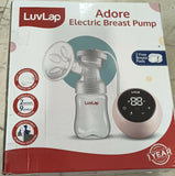 LuvLap Adore Electric Breast Pump featuring 2-phase pumping, rechargeable battery, digital touchscreen, smart memory and dual power mode, with soft breast cushion and 2 breast pads included.