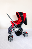 LuvLap Galaxy Baby Stroller Pram in Red & Black with reversible handle, reclining seat, adjustable canopy, safety harness, smooth wheels, foldable frame, and storage basket for comfortable baby travel.