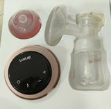 LuvLap Adore Electric Breast Pump featuring 2-phase pumping, rechargeable battery, digital touchscreen, smart memory and dual power mode, with soft breast cushion and 2 breast pads included.