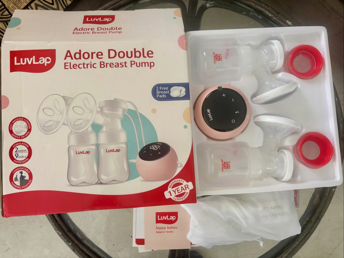 LuvLap Adore Double Electric Breast Pump with dual pumping mode, adjustable suction levels, soft silicone breast cushions, easy-to-use controls, and efficient simultaneous pumping for convenient milk expression.