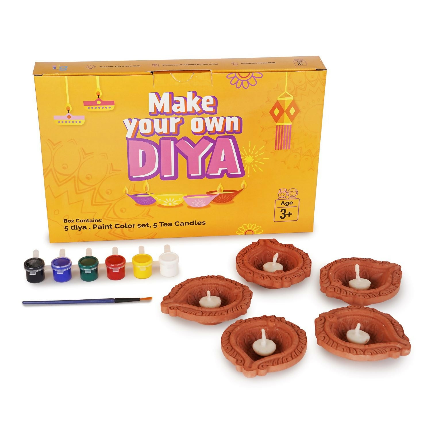 Embrace the spirit of creativity and tradition with our DIY Diya Kit, a delightful set designed to ignite your artistic flair while celebrating the warmth of Diwali. This kit includes five beautiful diyas and a palette of vibrant paint colors, allowing you to personalize and illuminate your festival of lights.