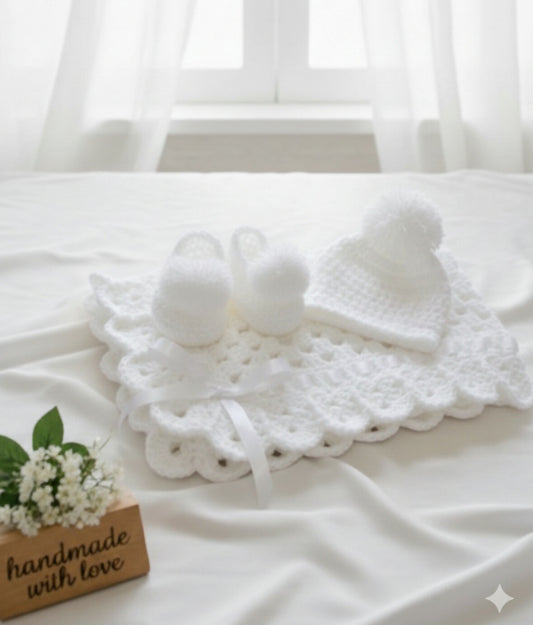 Childsafe Acrylic Yarn Handmade Cap, Booties and Blanket Set