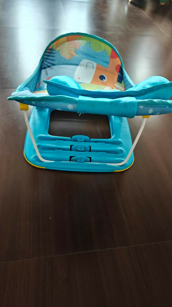 MEE MEE Baby Bather in Some Used condition featuring an ergonomic reclined design, supportive seating, comfortable fabric, and a lightweight frame for convenient supervised baby bath time.