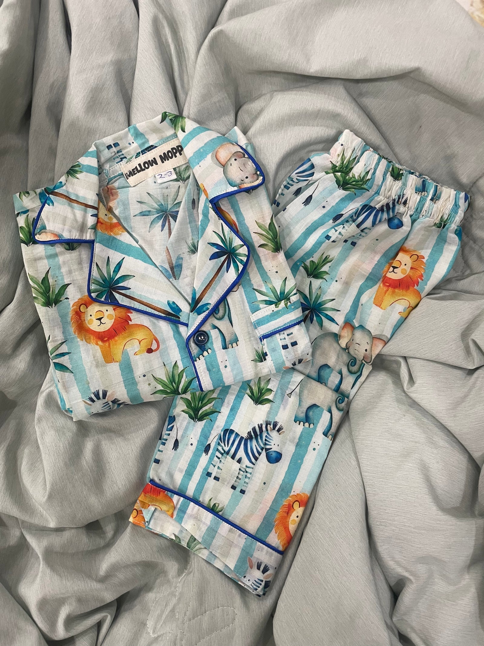MELLOW Striped Safari full sleeves nightsuit with soft comfortable fabric, playful safari-themed design, full-sleeve coverage, and a cozy fit for bedtime and lounging.