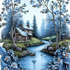 Scenic illustration with a cabin by a lake, surrounded by blue flowers and trees bedsheet.