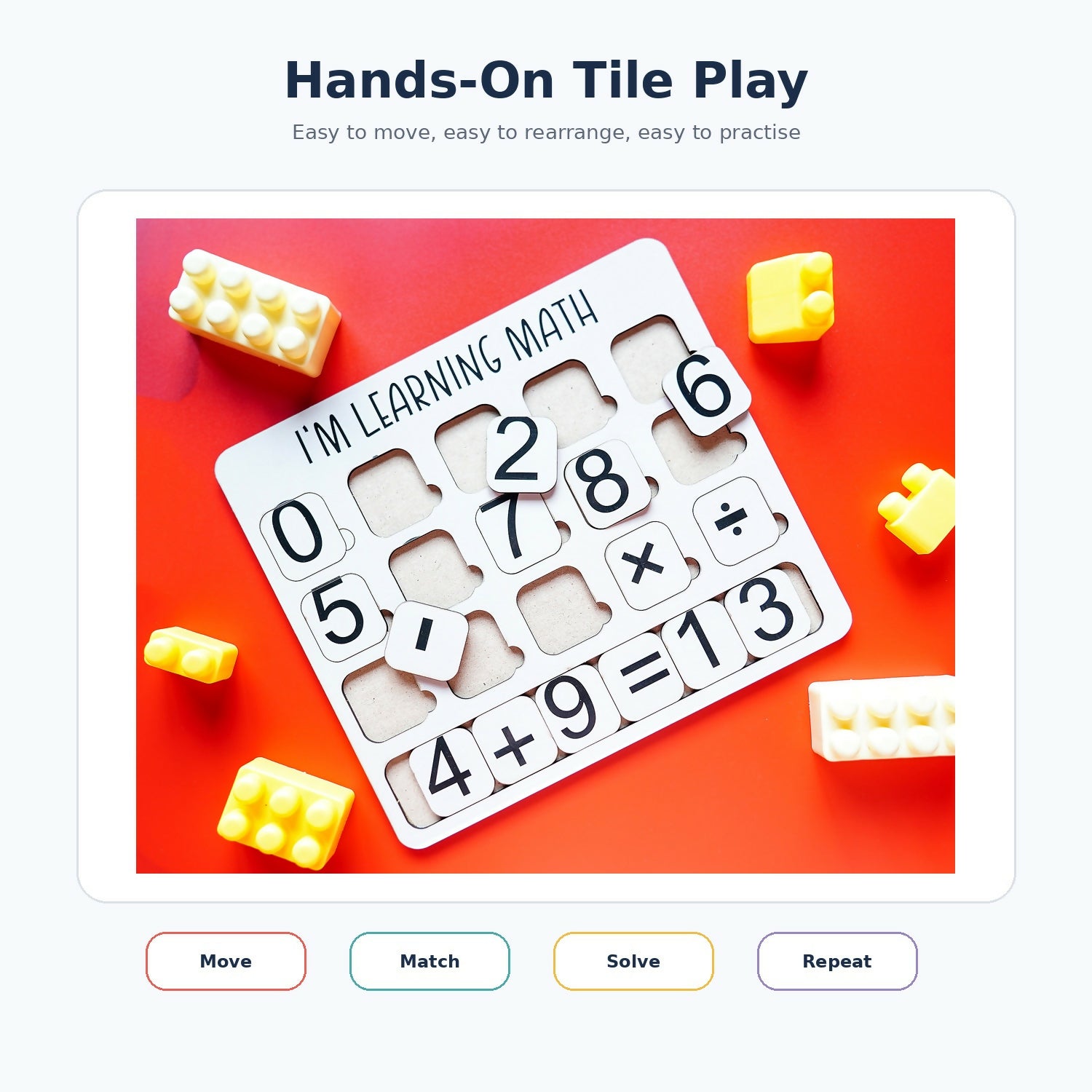 iLearnNGrow I Am Learning Math Wooden Number and Operator Board Game featuring numbers and mathematical symbols for hands-on learning, designed to encourage number recognition, basic arithmetic and problem-solving skills.