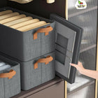 Gray storage bins with brown handles on a shelf, featuring the TULSI brand logo.