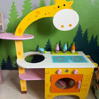 EDUSPARK Giraffe Wooden Kitchen Set with child-safe wooden accessories, colorful giraffe-themed design, interactive pretend play pieces, and durable construction to encourage creativity and imaginative role play.