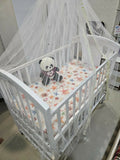 HUNYHUNY 15-in-1 pinewood cot crib with mattress and mosquito net, featuring sturdy wooden construction, convertible design, comfortable sleeping space, and secure support for babies.