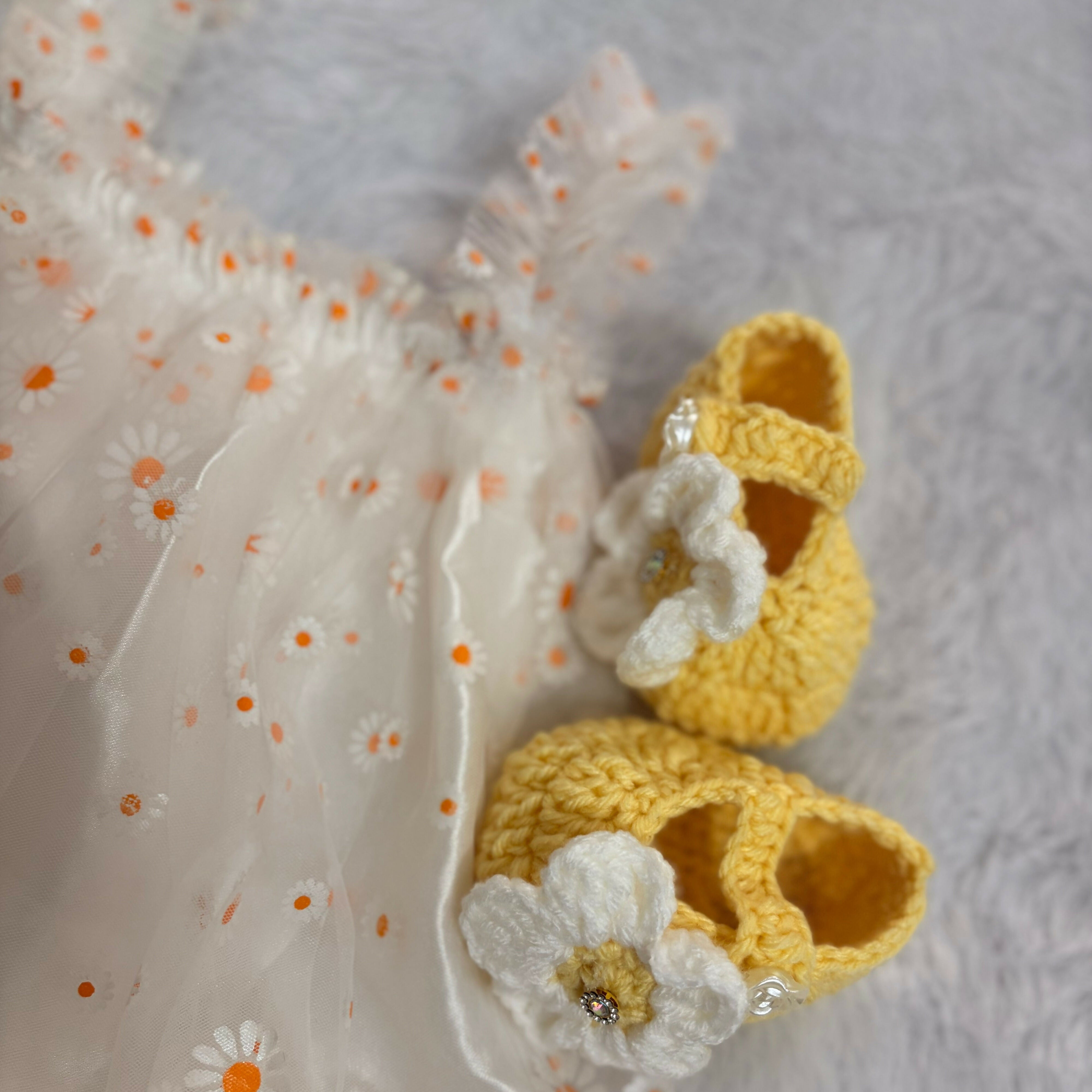 Crochet Baby Girl shoes and Headband Set with Net Frock