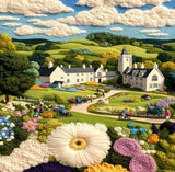 Colorful embroidered landscape with a large white house, gardens, and people walking.