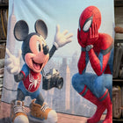 Blanket with cartoon characters resembling Mickey Mouse and Spider-Man in superhero costumes.