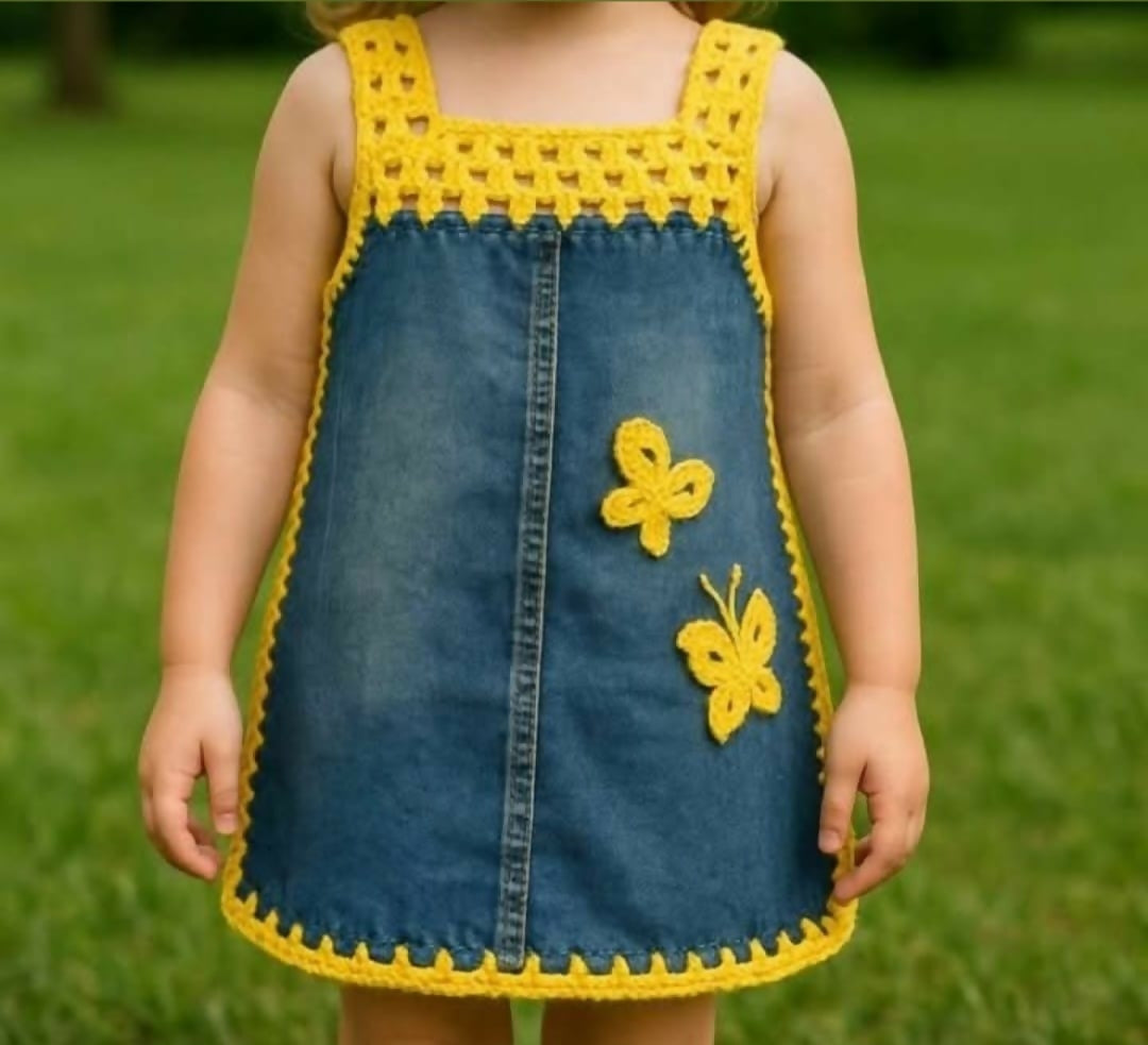 Crochet denim dress for kids – stylish, comfy, and beautifully handcrafted for your little star.

