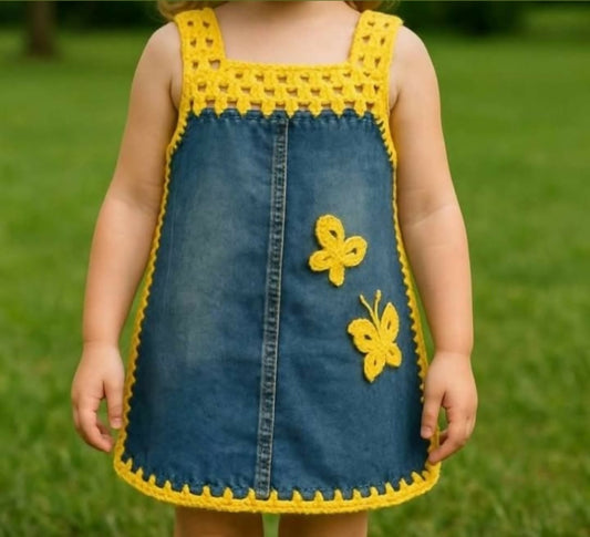 Crochet denim dress for kids – stylish, comfy, and beautifully handcrafted for your little star.


