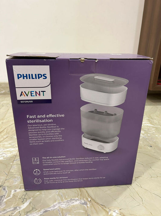 Ensure a hygienic feeding experience with the PHILIPS Avent Advance Bottle Sterilizer SCF291/00 – natural steam sterilization, 10-minute cycle, and capacity for 6 baby bottles.