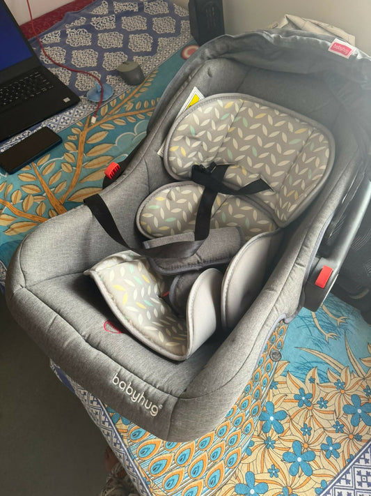 BABYHUG Amber Car Seat Cum Carry Cot with Rocking Base - Safe, Versatile, and Portable in Grey.