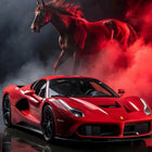 Red sports car with a horse in a dark background bedsheet. 