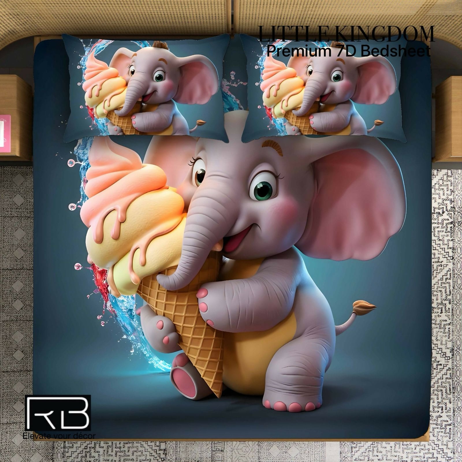 Elephant holding an ice cream cone on a premium 7D bedsheet 