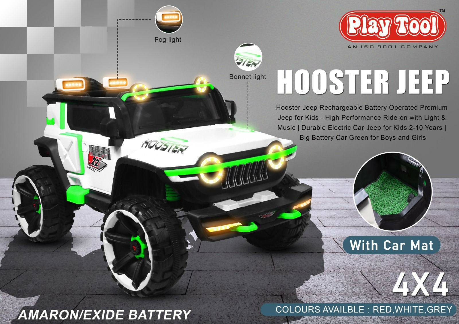 PLAYTOOL Hooster Jeep for Kids in New condition featuring a fun jeep-inspired design, comfortable seating, steering wheel, and engaging ride-on experience for supervised indoor and outdoor play.