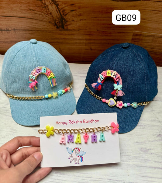 Personalised Quirky Denim Cap & Name Bracelet Combo featuring a custom embroidered denim cap and a personalized name bracelet, thoughtfully crafted for a stylish and unique everyday accessory set.
