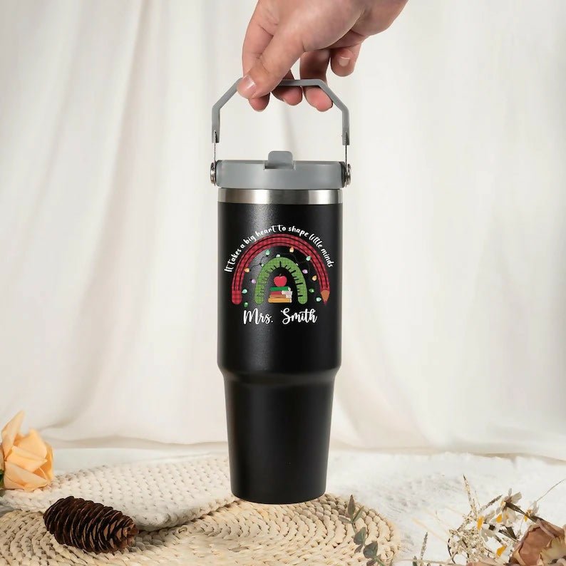 Personalized 900ml Teacher's Day Gift Tumbler in assorted random color, featuring custom name personalization, insulated design, secure lid, reusable straw, and convenient handle for everyday hydration.