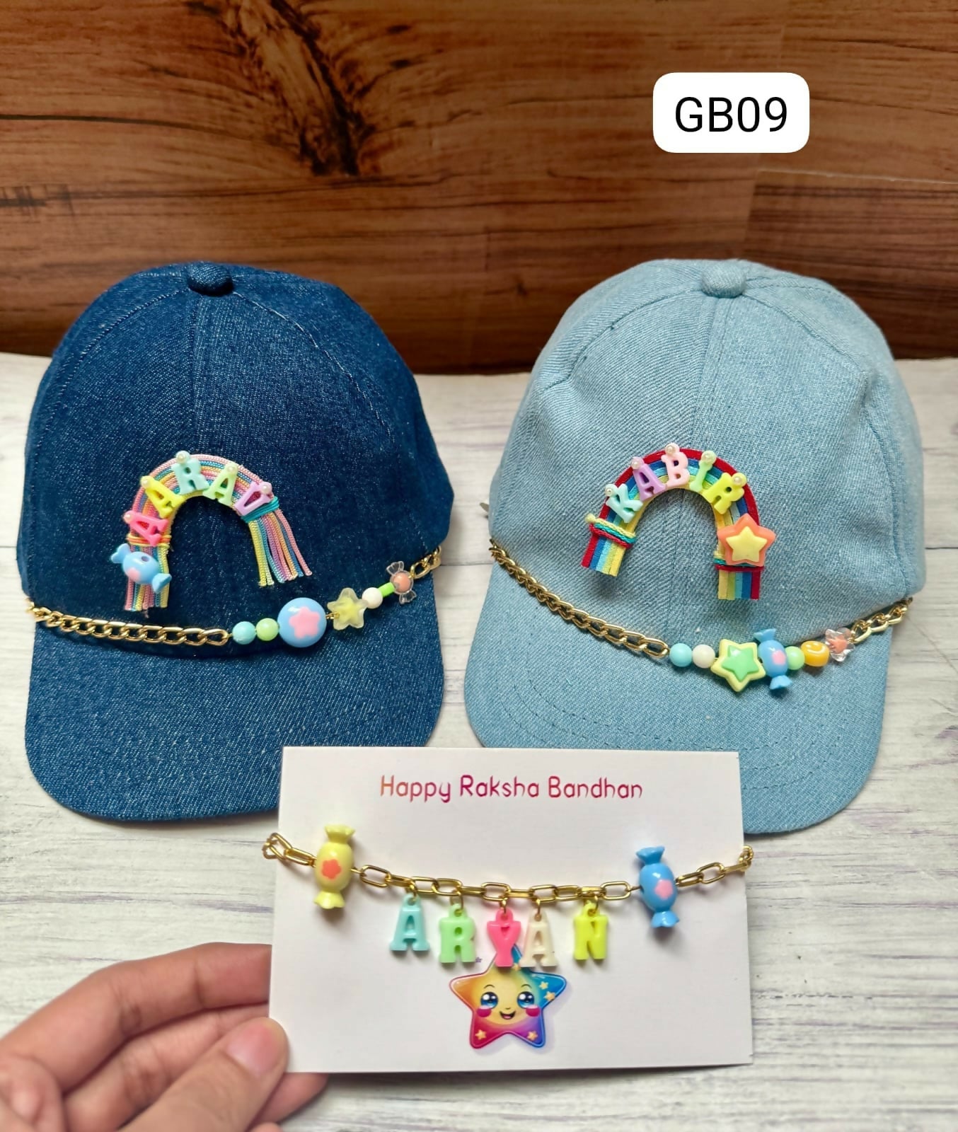 Personalised Quirky Denim Cap & Name Bracelet Combo featuring a custom embroidered denim cap and a personalized name bracelet, thoughtfully crafted for a stylish and unique everyday accessory set.