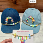 Personalised Quirky Denim Cap & Name Bracelet Combo featuring a custom embroidered denim cap and a personalized name bracelet, thoughtfully crafted for a stylish and unique everyday accessory set.